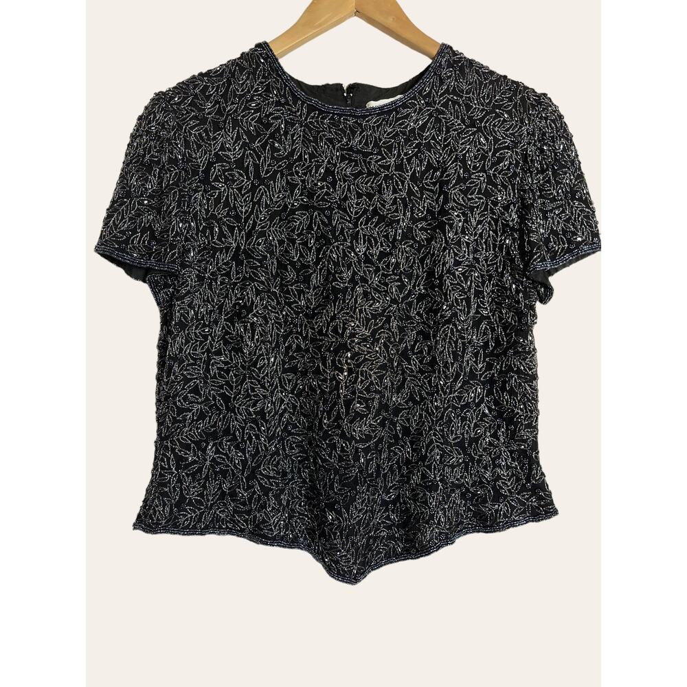 Adrianna Papell Vintage Black Silk Embellished Top Size Petite Large